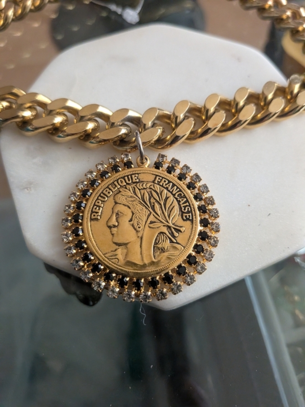 Gold-Tone Chunky Coin Pendant Chain Necklace - Gold - Picture 2 of 4